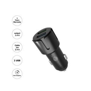 Car Charger 2.4A, 2xUSB +  Micro USB Round Cable, 2.4A, 1M, Black