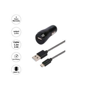 Car Charger 2.4A, 1USB + Micro USB cable,  2.4A, 1.2M, Black