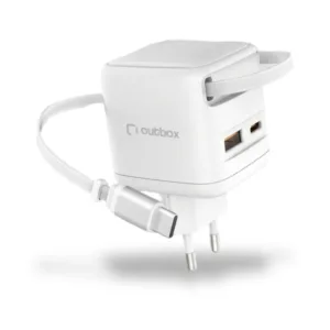 Outbox 45W GaN Wall Charger with Retractable Type-C Cable – Dual Port Fast Charging Adapter (USB-A + Type-C) Compact Travel Charger – White