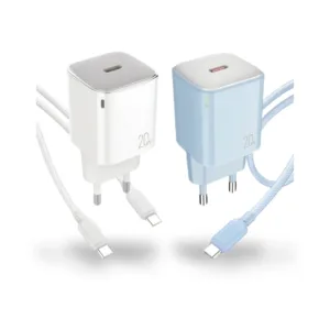 Outbox 20W Fast Charger Bundle with USB-C Cable, Dual Port USB-C + USB-A Wall Charger, PD & PPS Fast Charging, Universal EU Plug, Compatible with All USB-C & USB-A Devices – Blue - White